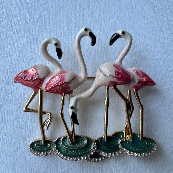 Vintage Napier Flamingo Pin Brooch Enamel Pink Green White - Picture 1 of 11